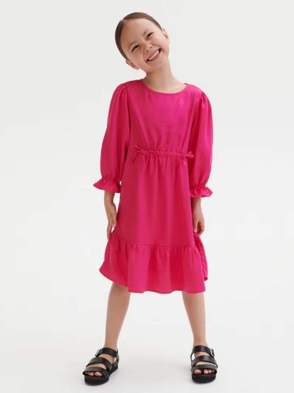 Hot Pink Puff Sleeve Ruffle Hem Dress with Bow Details